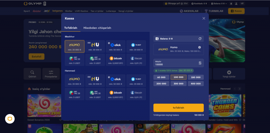 Olymp Casino UZ da depozit va yechib olish