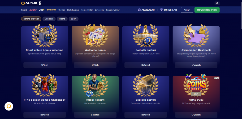 O'zbekistondagi Olymp Casino-da yangi o'yinchilar uchun xush kelibsiz paketi